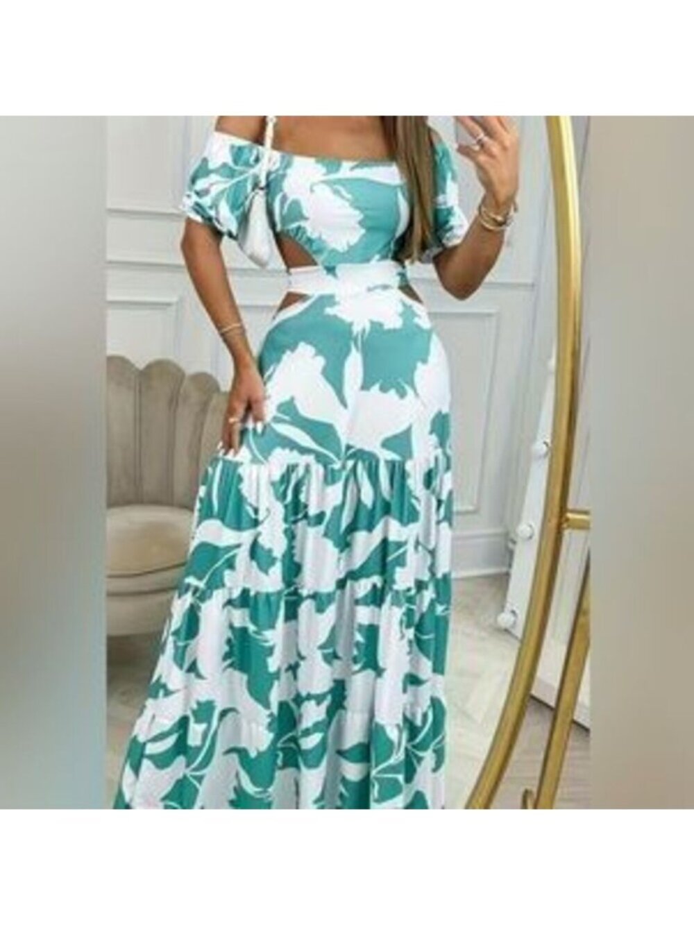 Boho floral print off shoulder cutout tie back dress teal green
